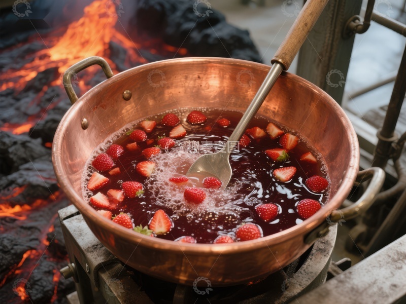 高清大图下载【趣麦麦图】铜锅中煮草莓的场景