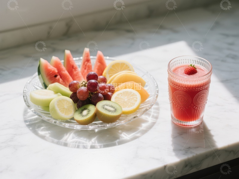 高清大图下载【趣麦麦图】新鲜水果拼盘与果汁