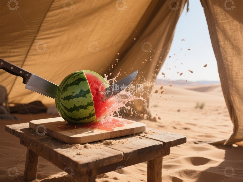 高清大图下载【趣麦麦图】沙漠帐篷下切开西瓜的瞬间