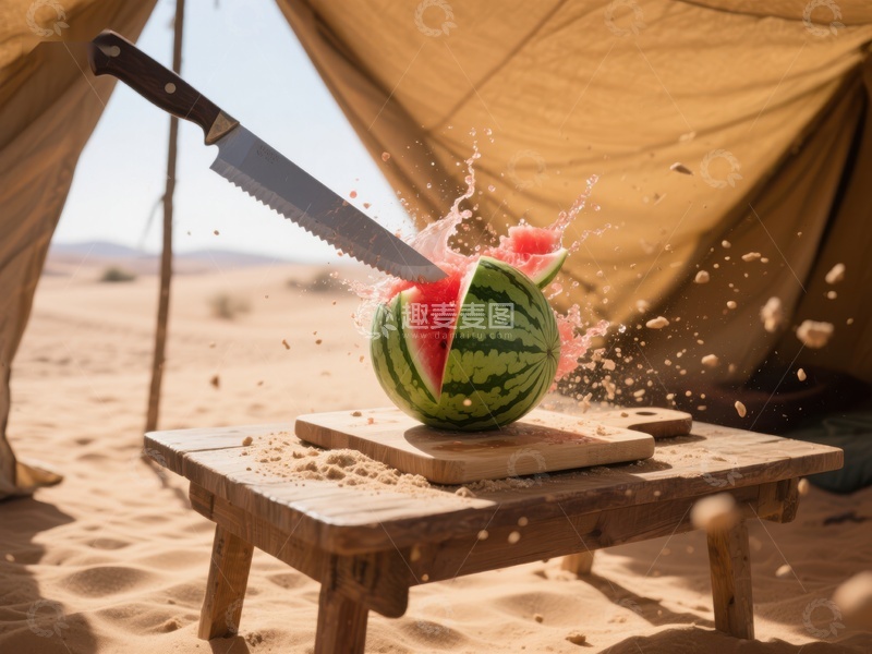 高清大图下载【趣麦麦图】沙漠中刀切西瓜瞬间