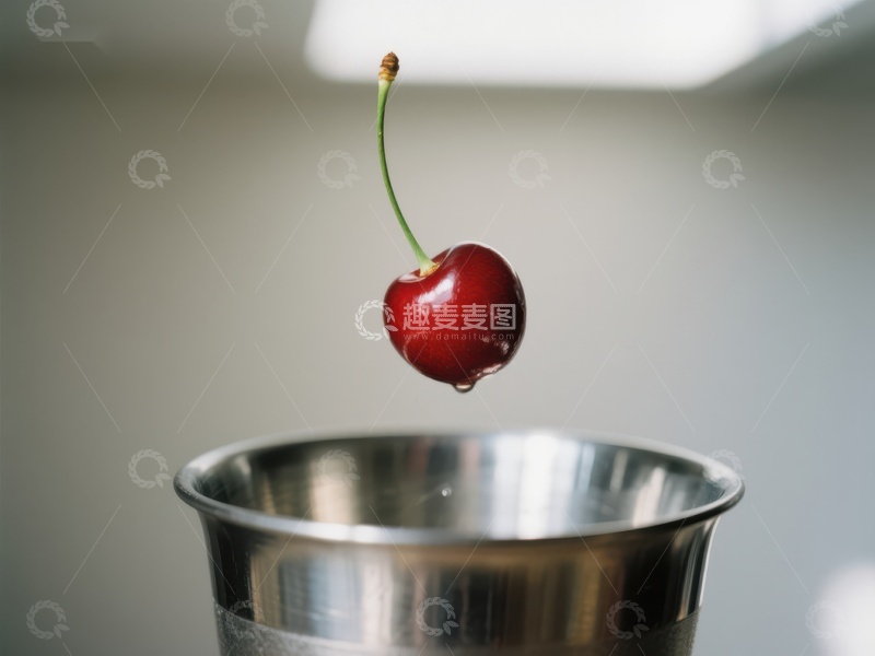 高清大图下载【趣麦麦图】樱桃悬空落入金属杯中