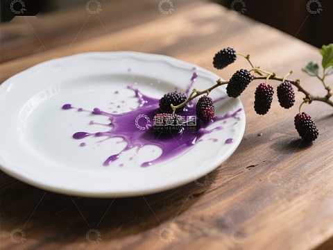 桑葚枝条置于白盘，紫色汁液洒落