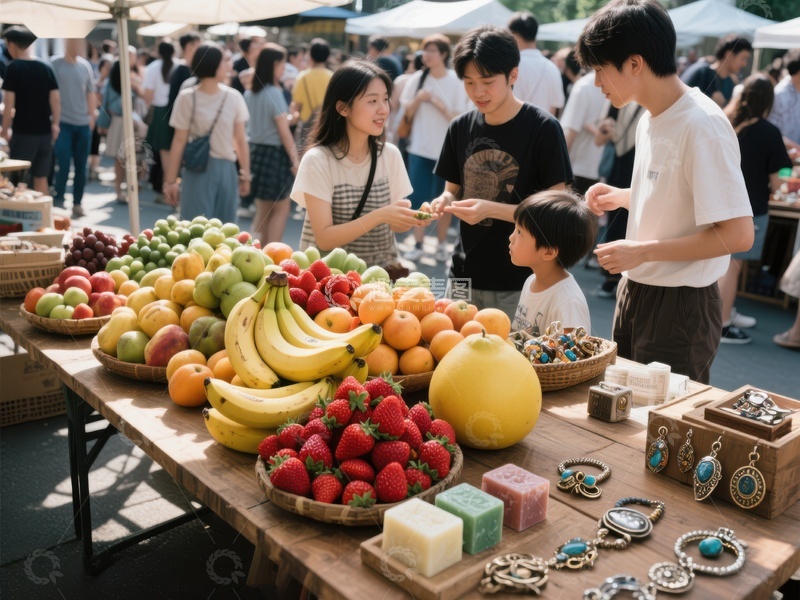 高清大图下载【趣麦麦图】市集摊位前的温馨家庭时光