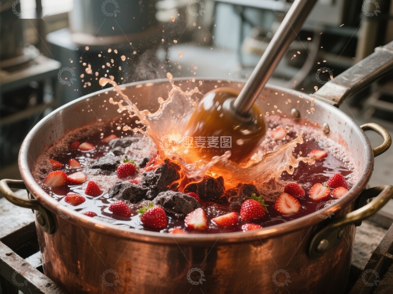 高清大图下载【趣麦麦图】热巧克力与草莓在铜锅中翻滚