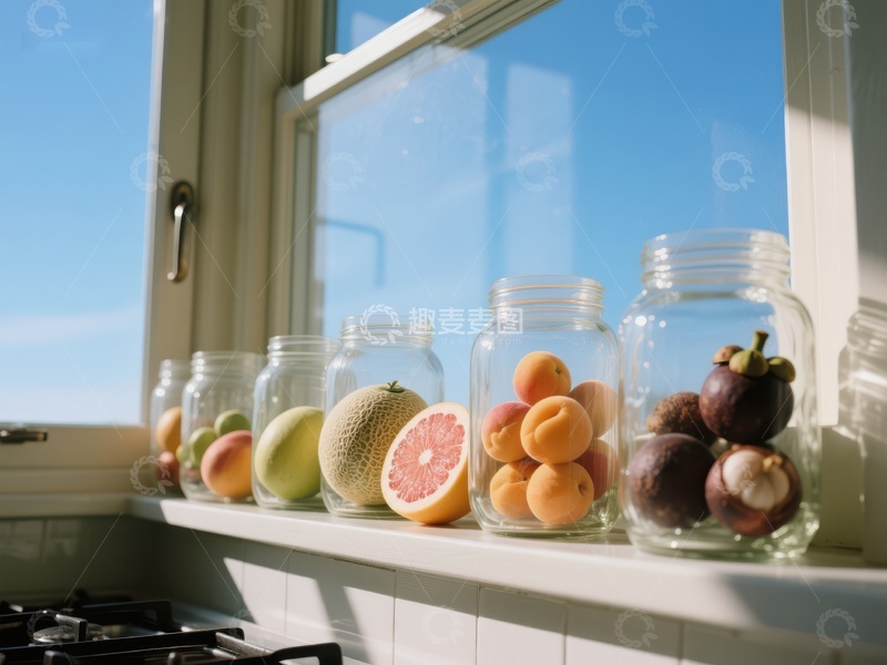 高清大图下载【趣麦麦图】窗台上的玻璃罐与新鲜水果