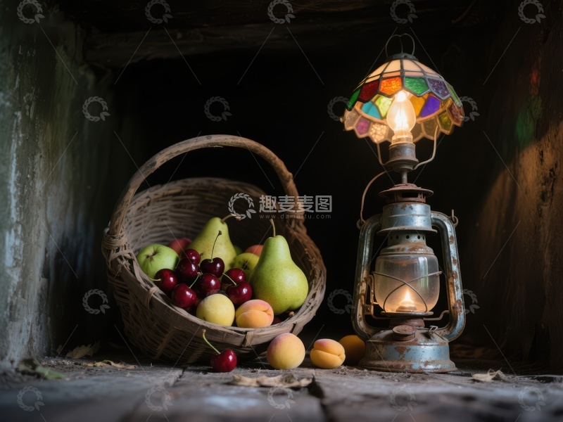 高清大图下载【趣麦麦图】复古油灯旁的水果篮