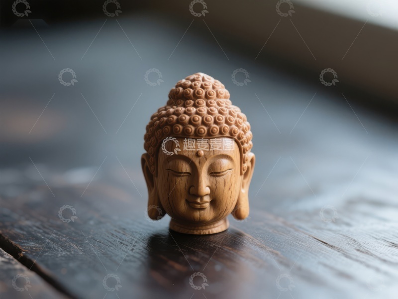 高清大图下载【趣麦麦图】木雕佛头静置于深色木质桌面