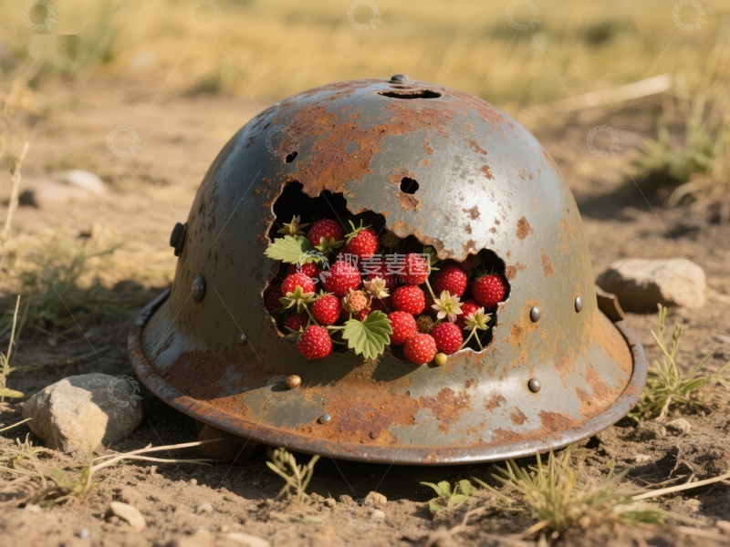 高清大图下载【趣麦麦图】锈蚀头盔中盛满草莓