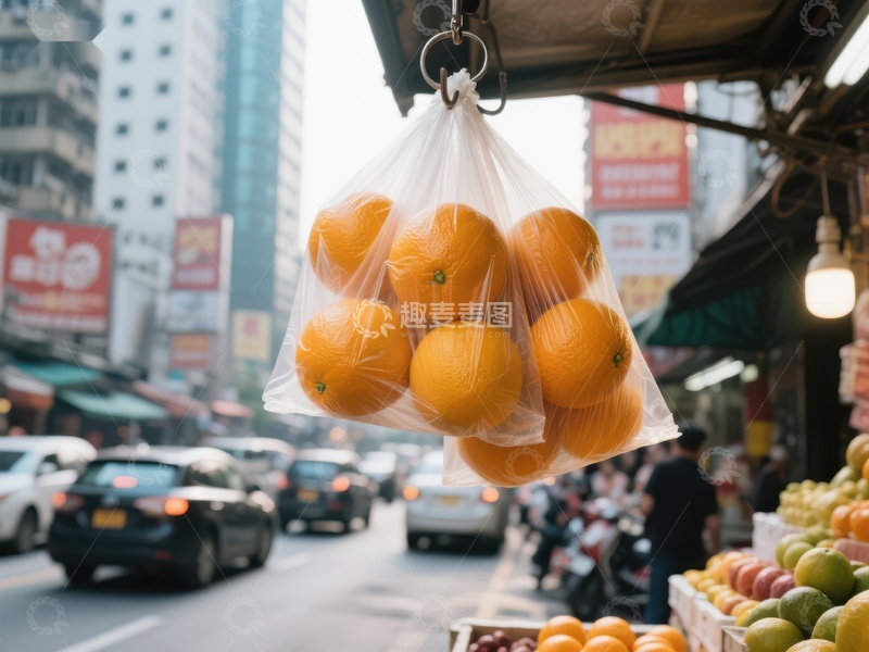 高清大图下载【趣麦麦图】-街头悬挂的橙子袋