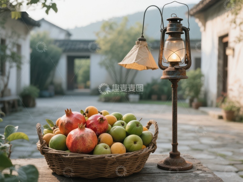 高清大图下载【趣麦麦图】古灯旁的水果篮