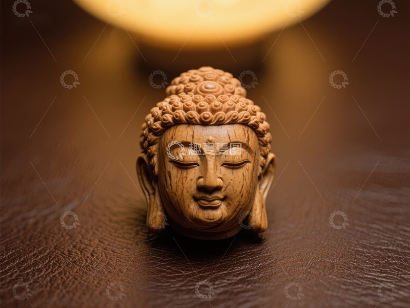 高清大图下载【趣麦麦图】木雕佛首静置皮革之上