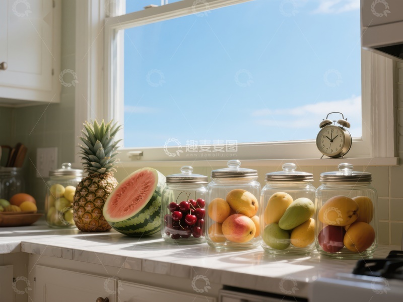 高清大图下载【趣麦麦图】厨房窗台上的新鲜水果与储物罐