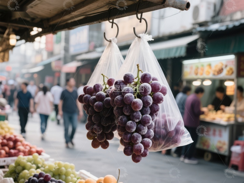 市场摊位悬挂的葡萄