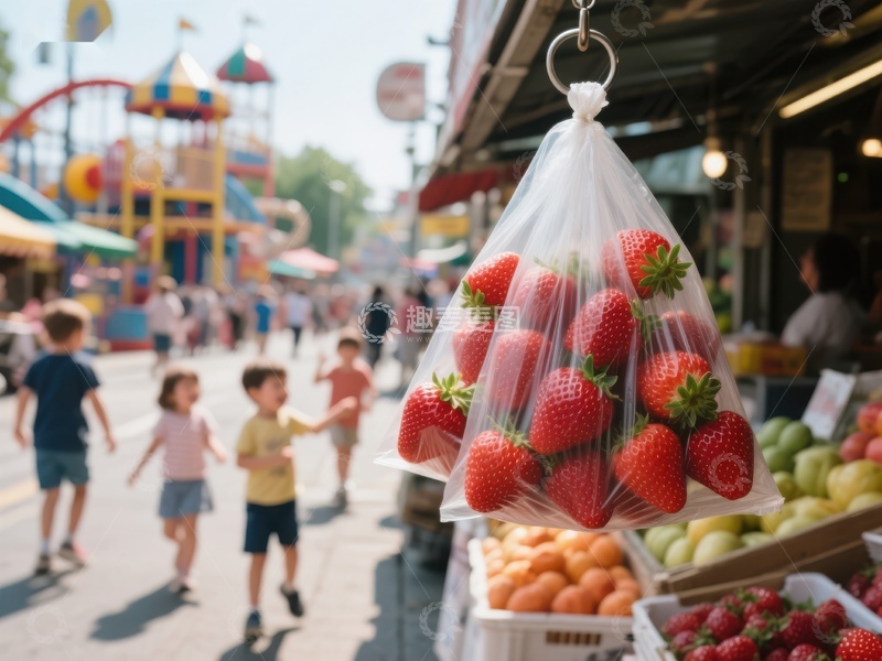 高清大图下载【趣麦麦图】集市摊位前的草莓与儿童