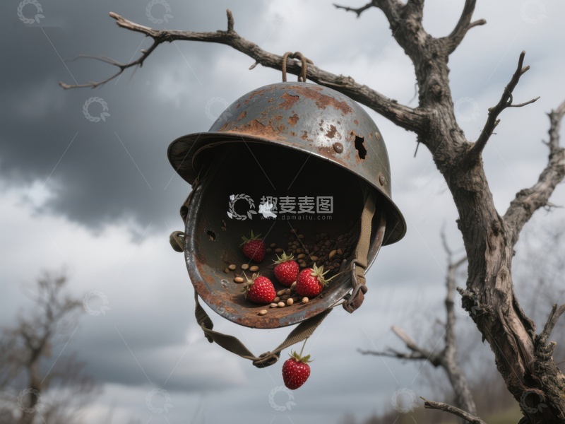 高清大图下载【趣麦麦图】锈迹头盔悬挂枝头，草莓点缀其间
