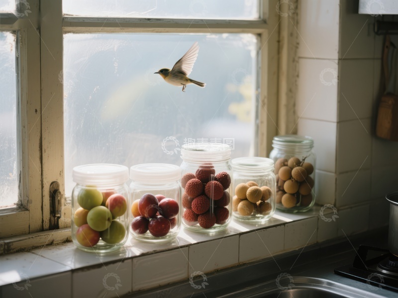 高清大图下载【趣麦麦图】窗台上的果罐与飞翔的小鸟