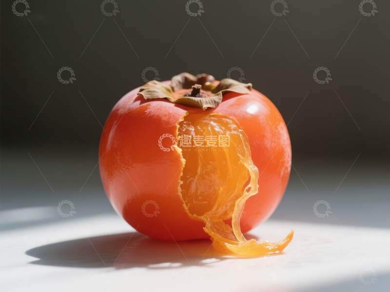 高清大图下载【趣麦麦图】新鲜柿子部分剥皮，露出橙色果肉