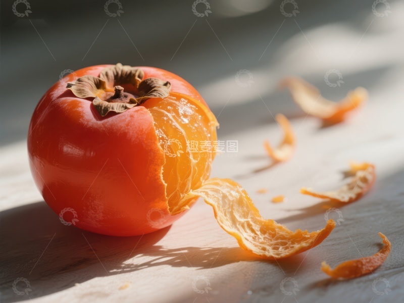 高清大图下载【趣麦麦图】剥开的柿子静置桌面