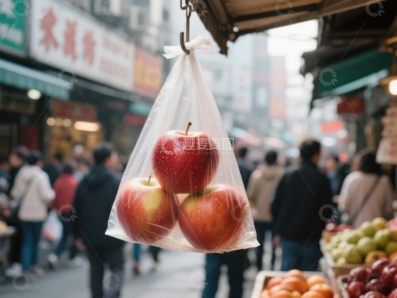 市场摊位前悬挂的红苹果