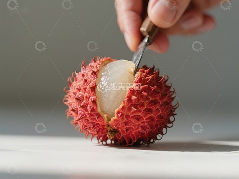 手用勺子挖取荔枝果肉