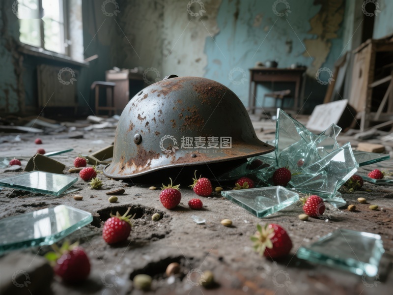 高清大图下载【趣麦麦图】废弃房间中的锈蚀头盔与草莓