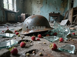 废弃房间中的锈蚀头盔与草莓