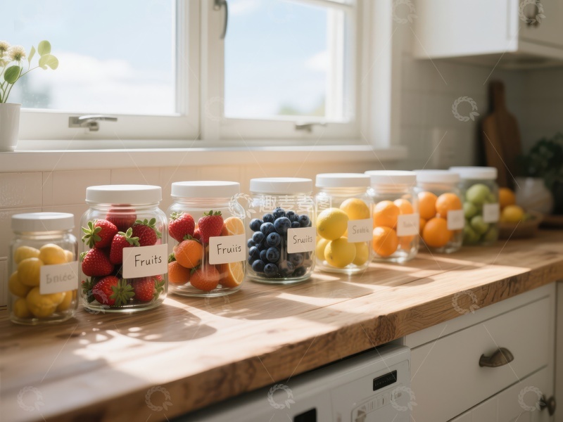 高清大图下载【趣麦麦图】厨房窗台上的新鲜水果罐装展示