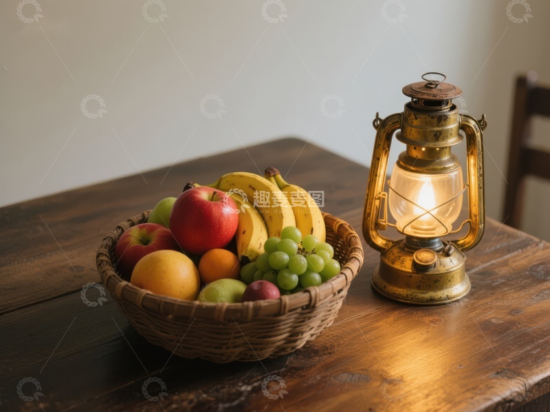 高清大图下载【趣麦麦图】水果篮与复古油灯静物
