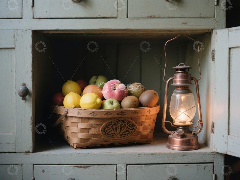 高清大图下载【趣麦麦图】复古橱柜中的水果篮与油灯