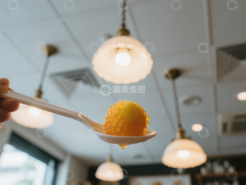 高清大图下载【趣麦麦图】勺中金黄色甜品，室内温馨灯光映衬