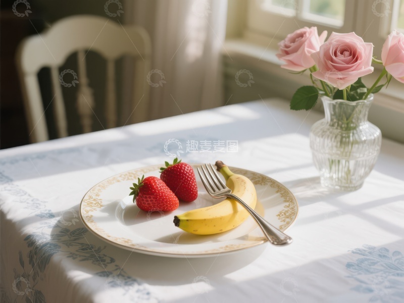 高清大图下载【趣麦麦图】早餐桌上的草莓香蕉与玫瑰花