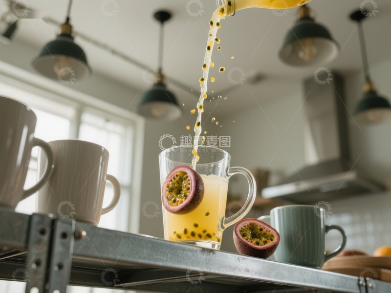 高清大图下载【趣麦麦图】百香果汁倒入透明杯中