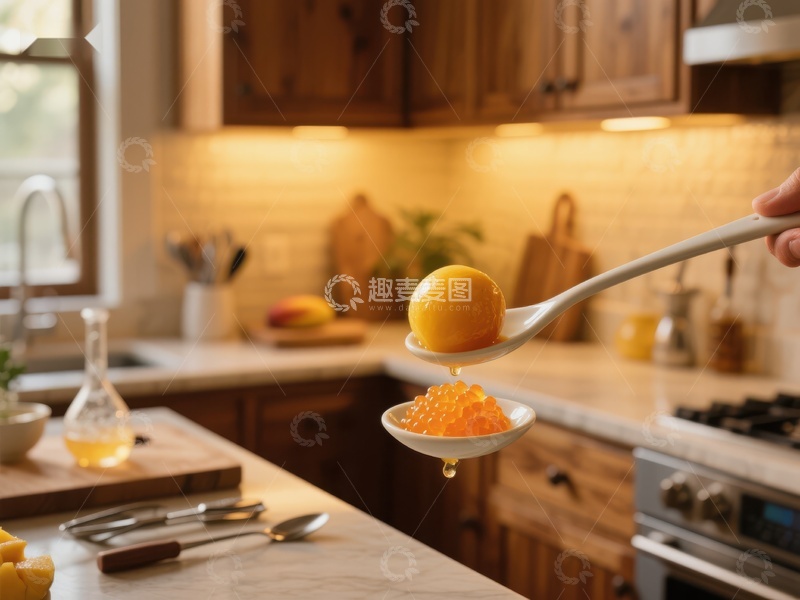 高清大图下载【趣麦麦图】厨房中勺子舀起橙色鱼子酱
