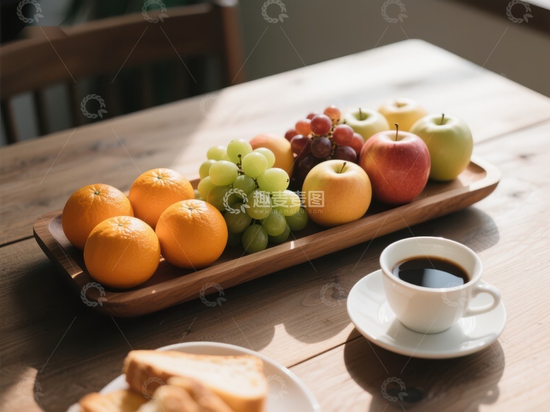 高清大图下载【趣麦麦图】水果拼盘与咖啡的温馨早餐