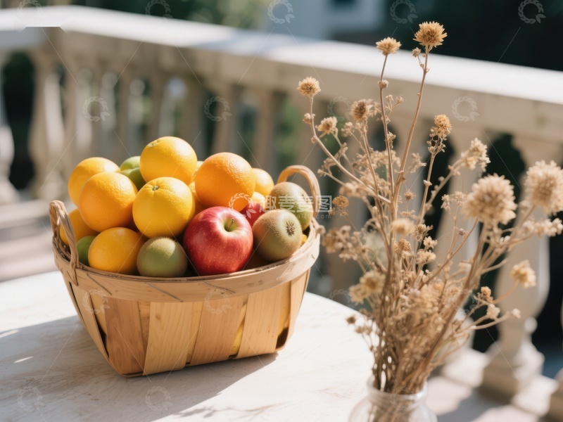 高清大图下载【趣麦麦图】篮中水果与干花的静谧组合