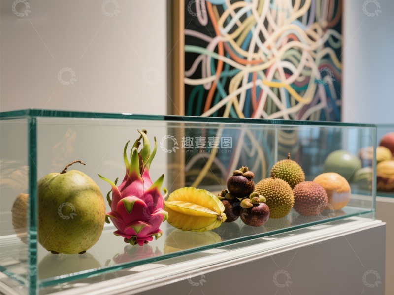 高清大图下载【趣麦麦图】玻璃柜中的热带水果展示