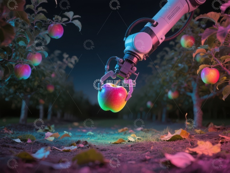 高清大图下载【趣麦麦图】机械臂在果园中采摘苹果