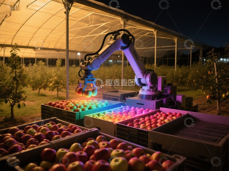 高清大图下载【趣麦麦图】夜间智能机械臂采摘苹果