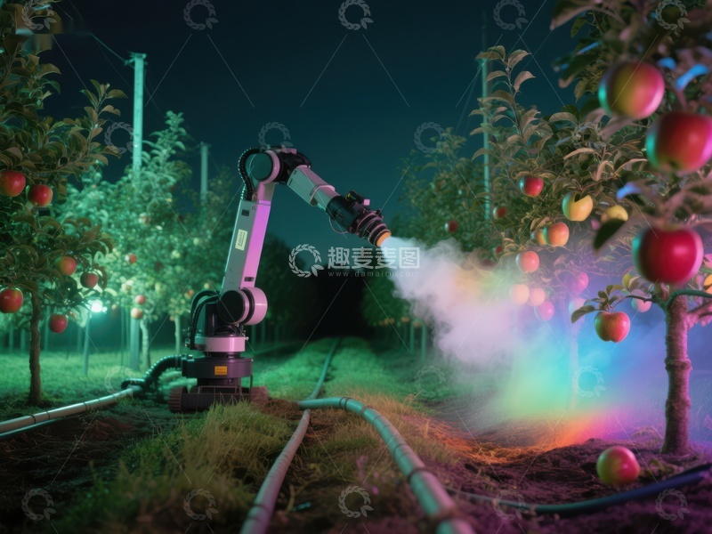 高清大图下载【趣麦麦图】果园自动化：机械臂夜间喷雾作业