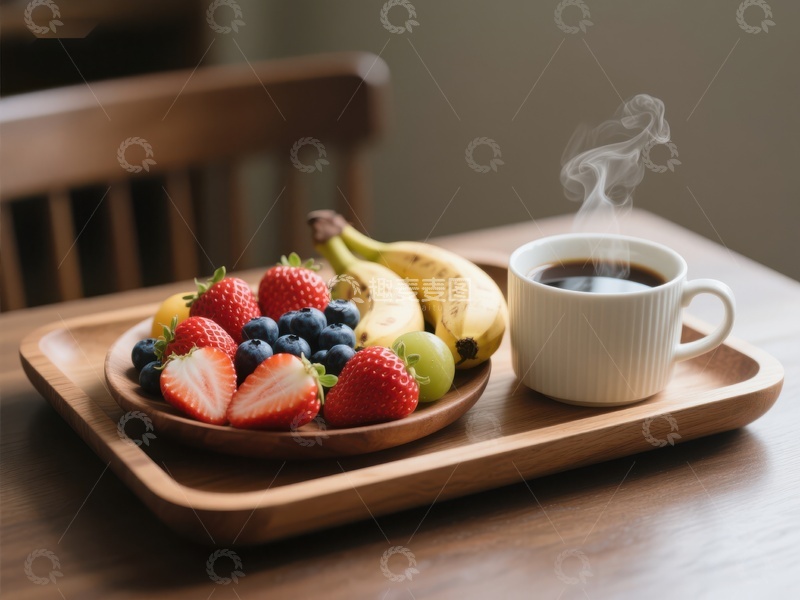 高清大图下载【趣麦麦图】-早餐托盘：热咖啡与新鲜水果