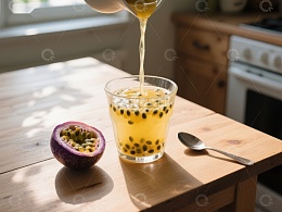 百香果汁倒入玻璃杯