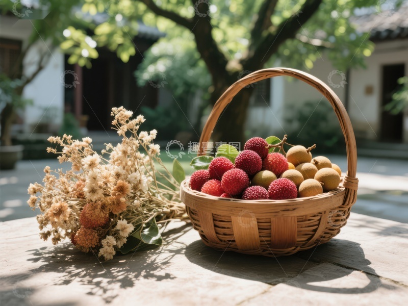 高清大图下载【趣麦麦图】竹篮盛满荔枝与龙眼，旁置干花