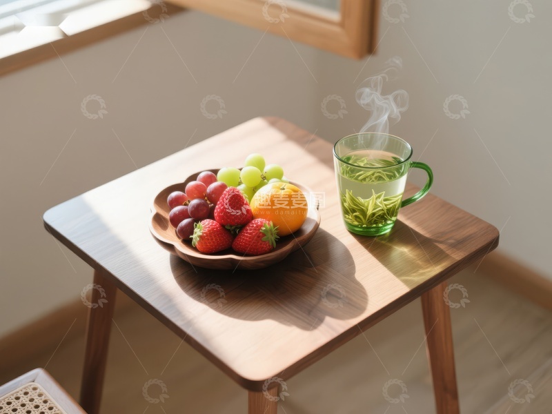 高清大图下载【趣麦麦图】木桌上的水果盘与热茶