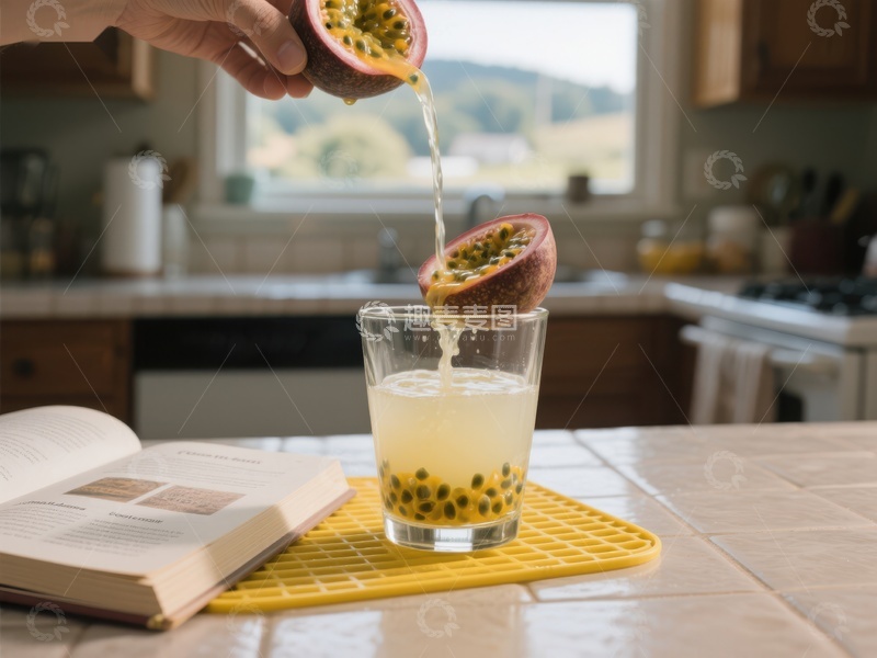 高清大图下载【趣麦麦图】新鲜百香果汁倒入玻璃杯