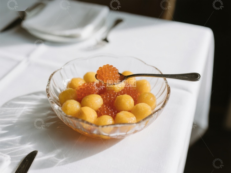 高清大图下载【趣麦麦图】玻璃碗中的橙色鱼子酱与黄色小球