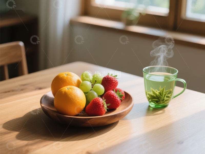 高清大图下载【趣麦麦图】水果盘与热饮的温馨早餐