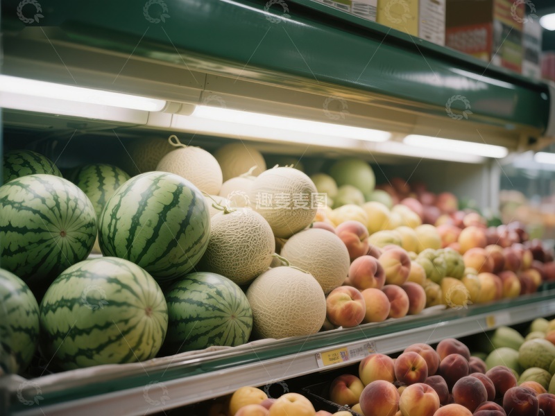 高清大图下载【趣麦麦图】超市水果区展示新鲜西瓜和桃子