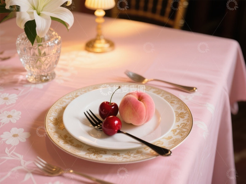 高清大图下载【趣麦麦图】粉色桌布上的水果与餐具