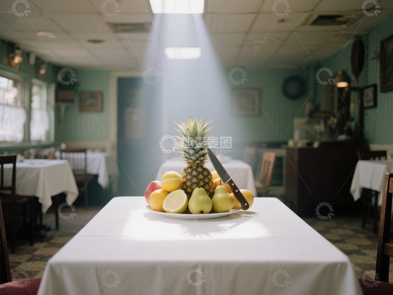 高清大图下载【趣麦麦图】餐厅中央水果盘沐浴在聚光灯下