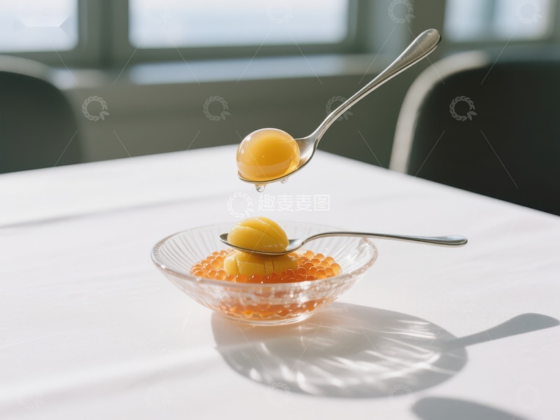 高清大图下载【趣麦麦图】勺子舀起的蛋黄与碗中果冻